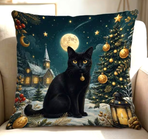 Festive black cat - cat, cushion
